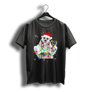 Lemur With Santa Hat And Colorful Christmas Lights Surrounded By Snowflakes T-Shirt