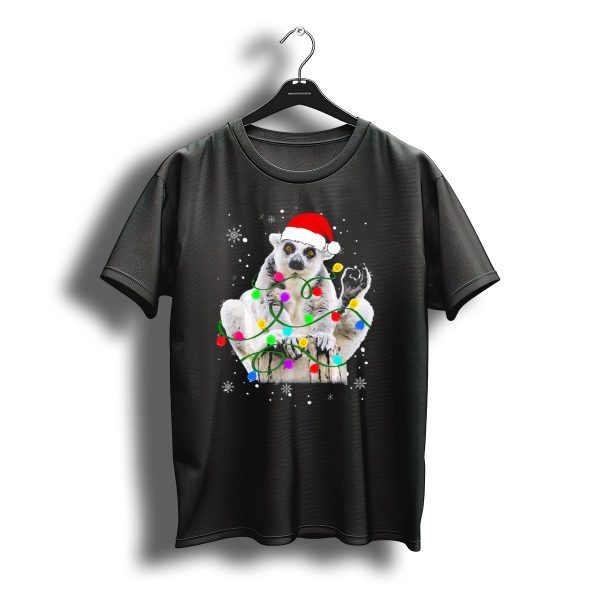 Lemur With Santa Hat And Colorful Christmas Lights Surrounded By Snowflakes T Shirt t shirt 1