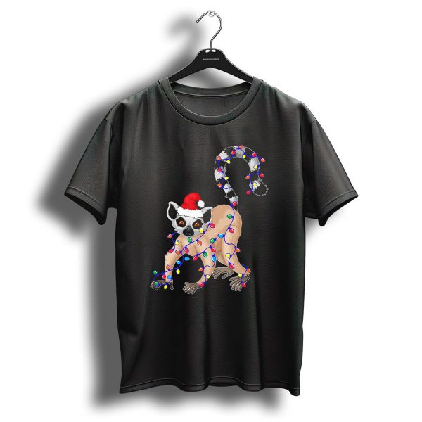Lemur Wrapped In Christmas Lights With Santa Hat T Shirt 1 t shirt 1