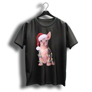 Let It Snow Christmas Holiday Sphynx Cat With Santa Hat And Festive Lights T Shirt