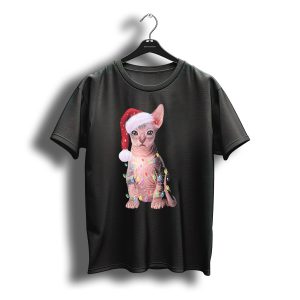 Let It Snow Christmas Holiday Sphynx Cat With Santa Hat And Festive Lights T-Shirt