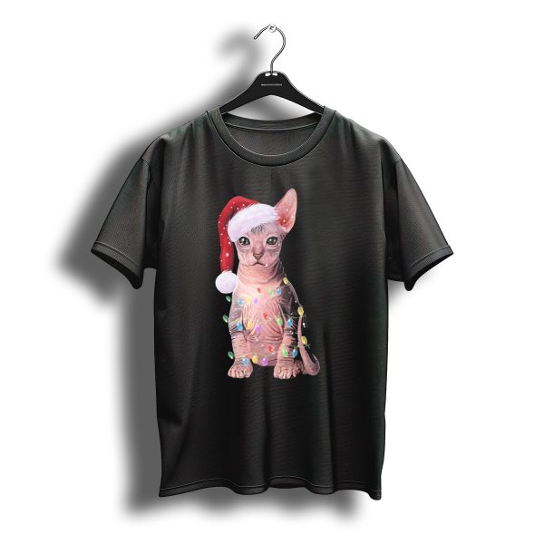 Let It Snow Christmas Holiday Sphynx Cat With Santa Hat And Festive Lights T Shirt t shirt 1