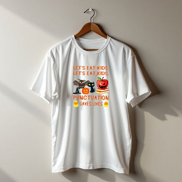 Lets Eat Kids Lets Eat Kids Punctuation Saves Lives Halloween Bat Cat Pumpkin T Shirt t shirt 1