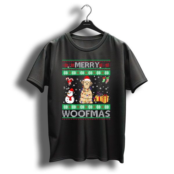 Lhasa Apso Dog Merry Woofmas Christmas Lights Snowflakes Snowman Presents Santa Hat T Shirt 1 t shirt 1