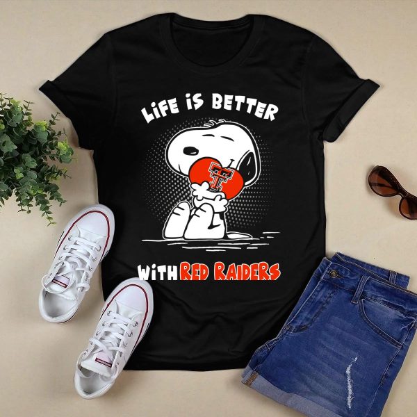 Life Is Better With Red Raiders Snoopy Hugging Texas Tech Heart T Shirt Black 1