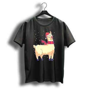 Llama Alpaca Christmas Reindeer Santa Hat Scarf Snowflakes T Shirt