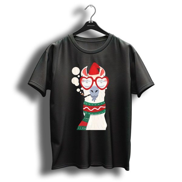 Llama Alpaca Santa Hat Smoking Christmas Glasses Scarf T Shirt 1 t shirt 1