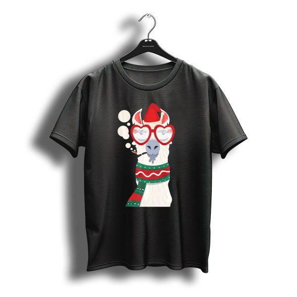 Llama Alpaca Santa Hat Smoking Christmas Glasses Scarf T Shirt t shirt 1