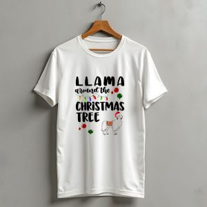 Llama Around The Christmas Tree With Santa Hat And Holiday Lights T Shirt