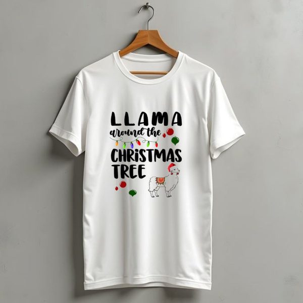 Llama Around The Christmas Tree With Santa Hat And Holiday Lights T Shirt 1 t shirt 1