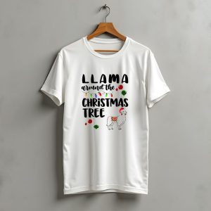 Llama Around The Christmas Tree With Santa Hat And Holiday Lights T-Shirt