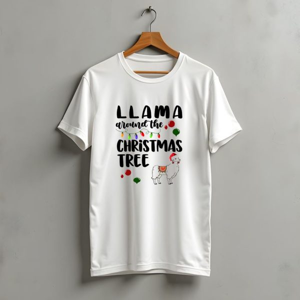 Llama Around The Christmas Tree With Santa Hat And Holiday Lights T Shirt t shirt 1