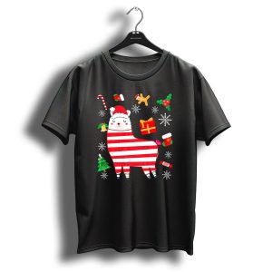 Llama Christmas Alpaca With Santa Hat And Candy Cane Xmas Cheer T Shirt