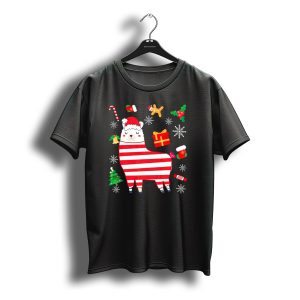 Llama Christmas Alpaca With Santa Hat And Candy Cane Xmas Cheer T-Shirt