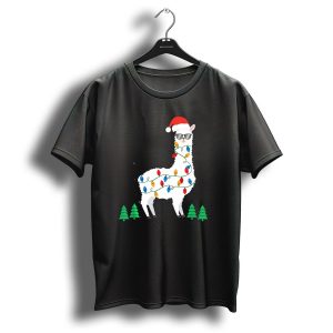 Llama Christmas Lights Santa Hat Alpaca With Sunglasses And Christmas Trees T Shirt