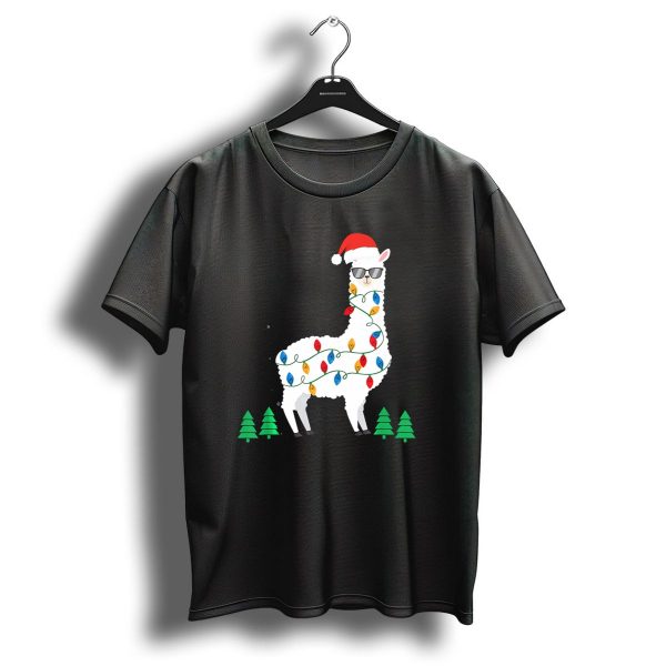 Llama Christmas Lights Santa Hat Alpaca With Sunglasses And Christmas Trees T Shirt 1 t shirt 1
