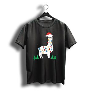 Llama Christmas Lights Santa Hat Alpaca With Sunglasses And Christmas Trees T-Shirt