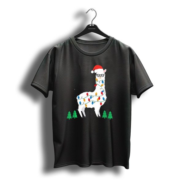 Llama Christmas Lights Santa Hat Alpaca With Sunglasses And Christmas Trees T Shirt t shirt 1