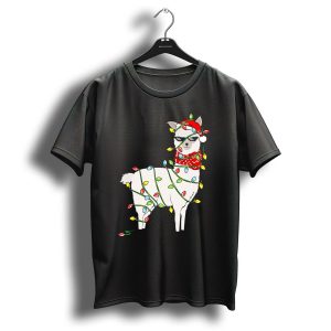 Llama Santa Hat Wrapped In Holiday Lights Christmas Tree T Shirt