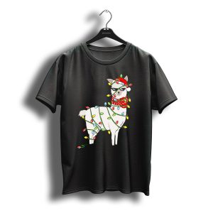Llama Wrapped In Christmas Lights Wearing Santa Hat And Scarf T-Shirt