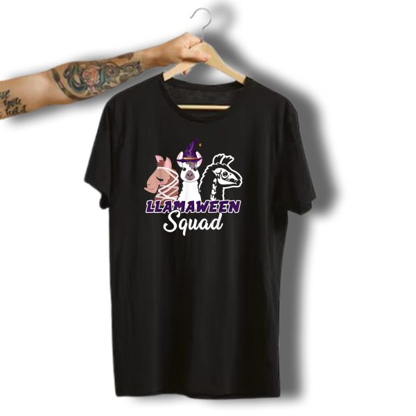 Llamaween Squad Funny Halloween Costume Llama Trio With Witch Hat And Skeleton T Shirt t shirt 1
