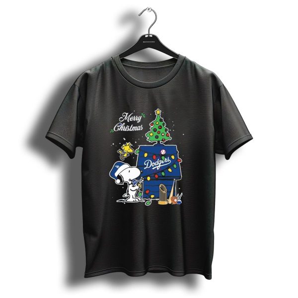 Los Angeles Dodgers Snoopy Merry Christmas Tree 2024 Peanuts Woodstock Santa Hat T Shirt 1 t shirt 1