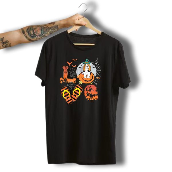 Love Basset Hound Halloween Pumpkin Moon Bat Spiderweb T Shirt t shirt 1