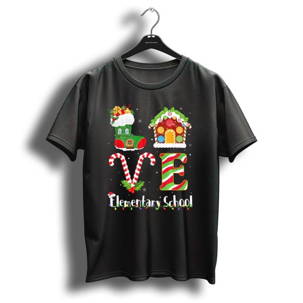 Love Elementary School Christmas Boot Gingerbread House Candy Cane Letters T Shirt 1 t shirt 1