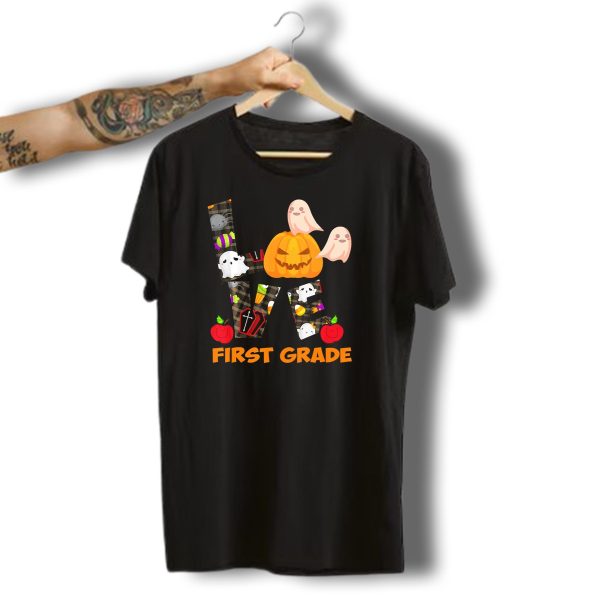 Love First Grade Halloween Pumpkin Ghosts Apples T Shirt t shirt 1