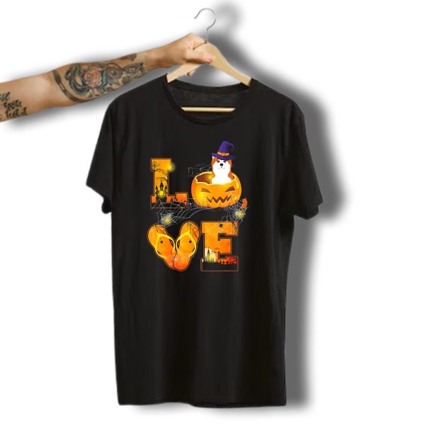 Love Halloween Funny Akita Dog In Pumpkin With Witch Hat And Webs T Shirt t shirt 1