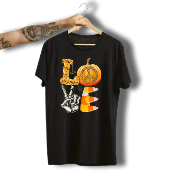 Love Halloween Peace Pumpkin Skeleton V Candy Corn T Shirt t shirt 1