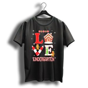 Love Kindergarten Teacher Gingerbread Candy Cane Christmas T-Shirt