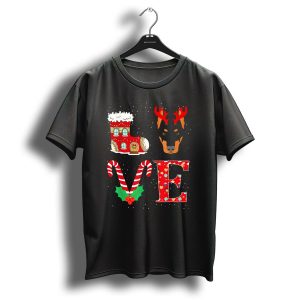 Love My Doberman Reindeer Horns Christmas Boot Candy Cane Holly T-Shirt