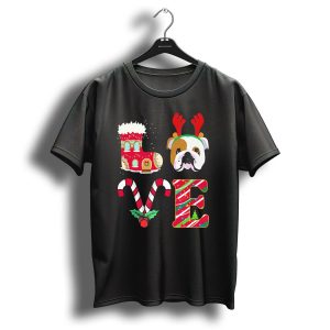 Love My English Bulldog Christmas Holiday Antlers Candy Cane T-Shirt