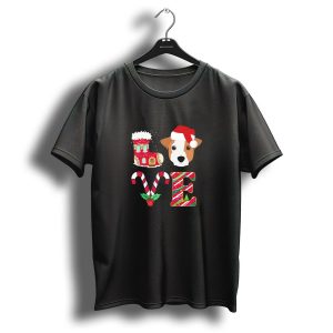 Love My Jack Russell Terrier Christmas Themed Design With Candy Cane And Santa Hat T-Shirt