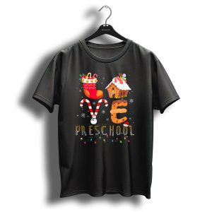 Love Preschool Christmas Cute Prek Teach Gingerbread Candy Cane Snowman Holiday Lights T-Shirt