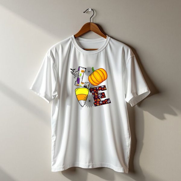 Love Pumpkin Candy Corn Halloween Spiderweb Bats Ghosts T Shirt t shirt 1