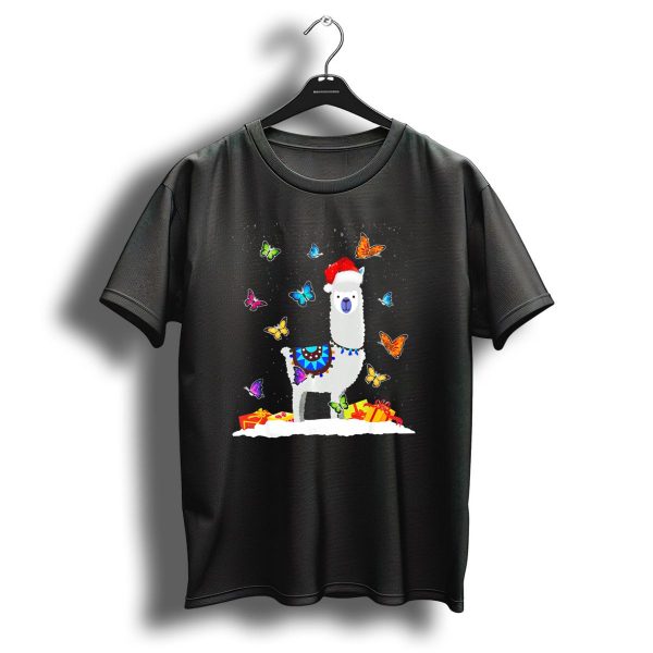 Lovely Llama Christmas With Butterflies And Presents In Snow T Shirt 1 t shirt 1