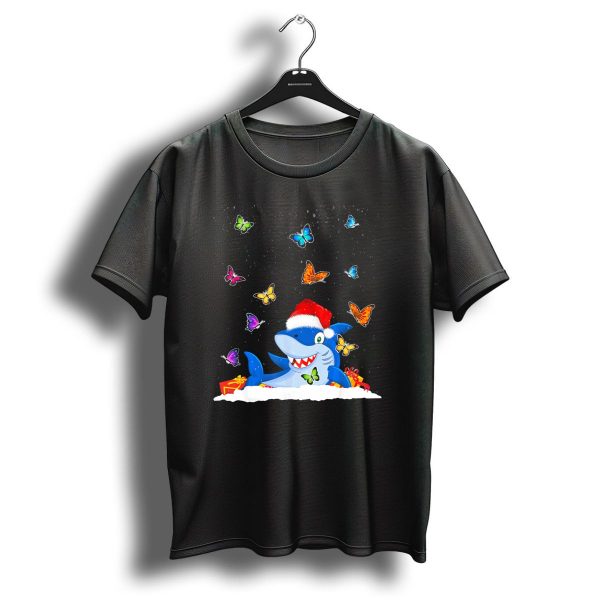 Lovely Shark Christmas With Snow And Butterflies T Shirt 1 t shirt 1