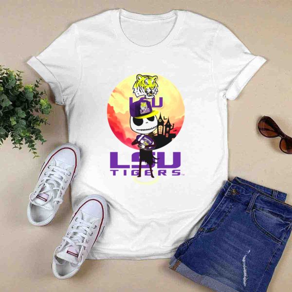 Lsu Tigers Halloween Skeleton In Hat With Tiger And Haunted House T Shirt 0