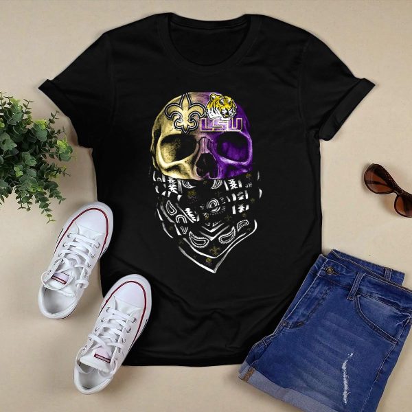 Lsu Tigers Skull With New Orleans Saints Logo Bandana T Shirt Black 1