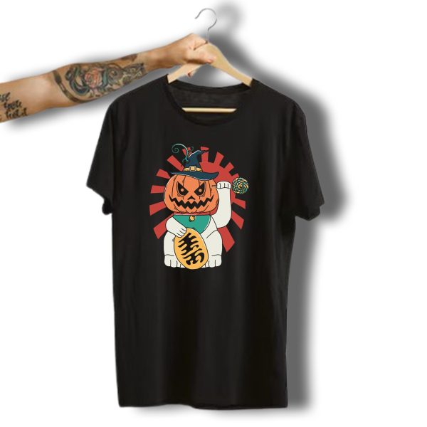 Lucky Japanese Maneki Neko Halloween Pumpkin Wizard Cat T Shirt t shirt 1
