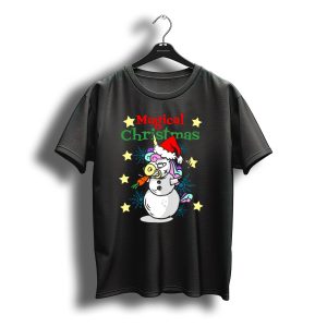 Magical Christmas Unicorn Snowman With Santa Hat And Stars T-Shirt