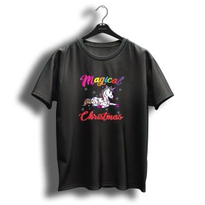 Magical Unicorn Christmas With Colorful Lights And Snowflakes T Shirt