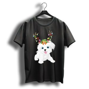 Maltese Christmas Dog With Cute Lights And Reindeer Antlers T-Shirt