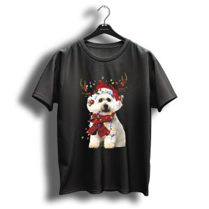 Maltese Christmas Dog With Reindeer Antlers And Holiday Lights T-Shirt