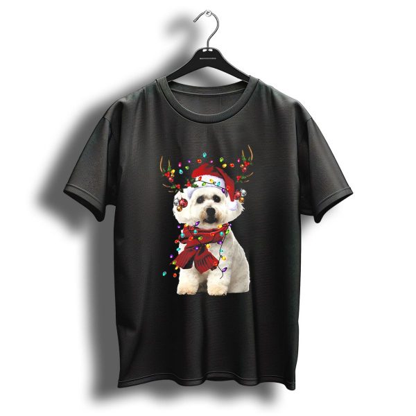 Maltese Christmas Dog With Reindeer Antlers And Holiday Lights T Shirt 1 t shirt 1