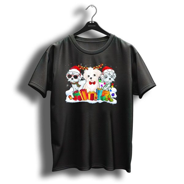 Maltese Christmas Santa Hat Dogs With Presents And Reindeer Antlers T Shirt 1 t shirt 1