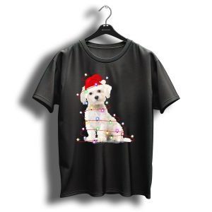 Maltese Christmas Santa Hat Wrapped In Festive Lights T Shirt