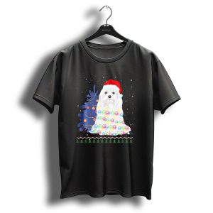 Maltese Christmas Tree Lights With Santa Hat And Festive Background T Shirt